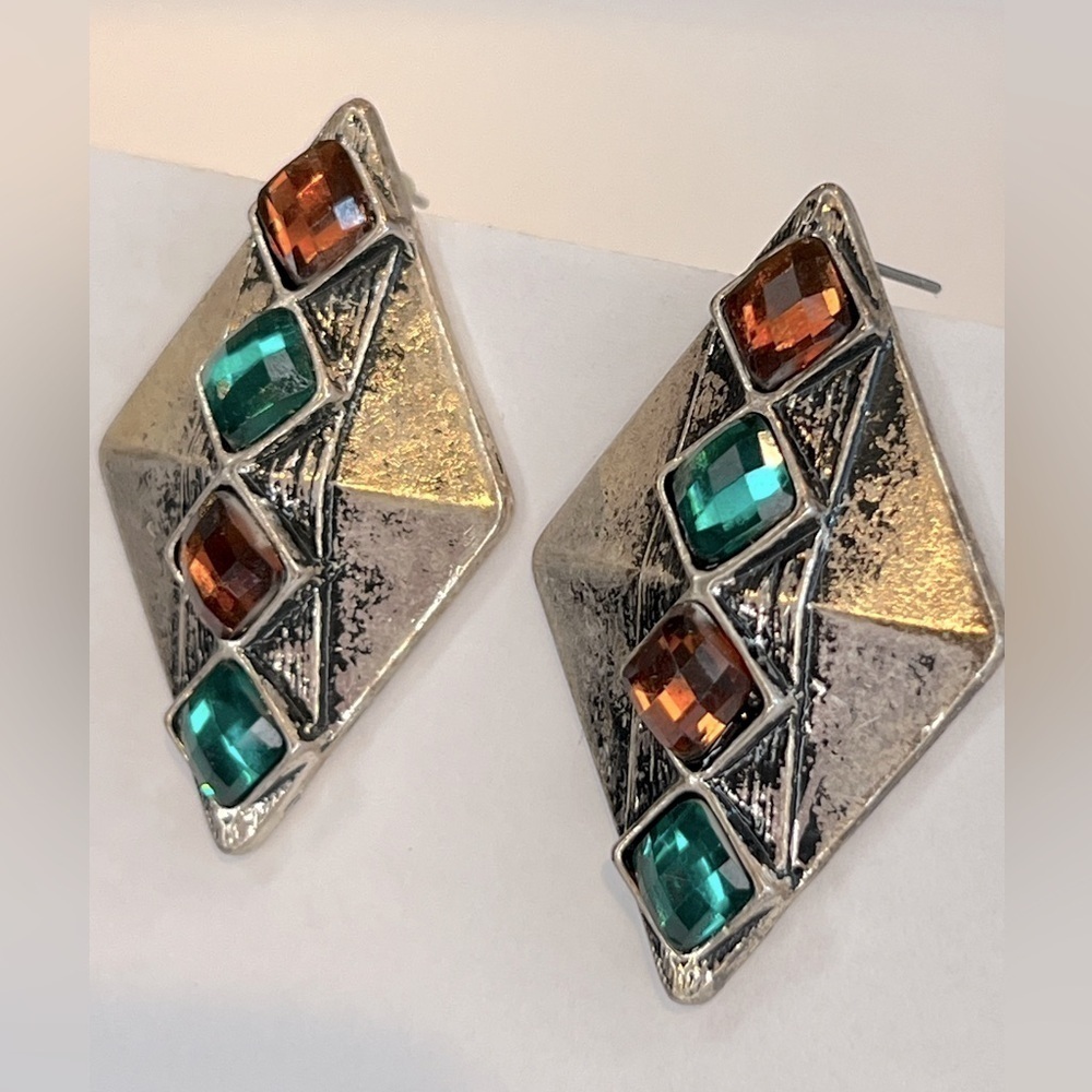 J020. Vintage Silver Mosaic Earrings post backs - Picture 2 of 3
